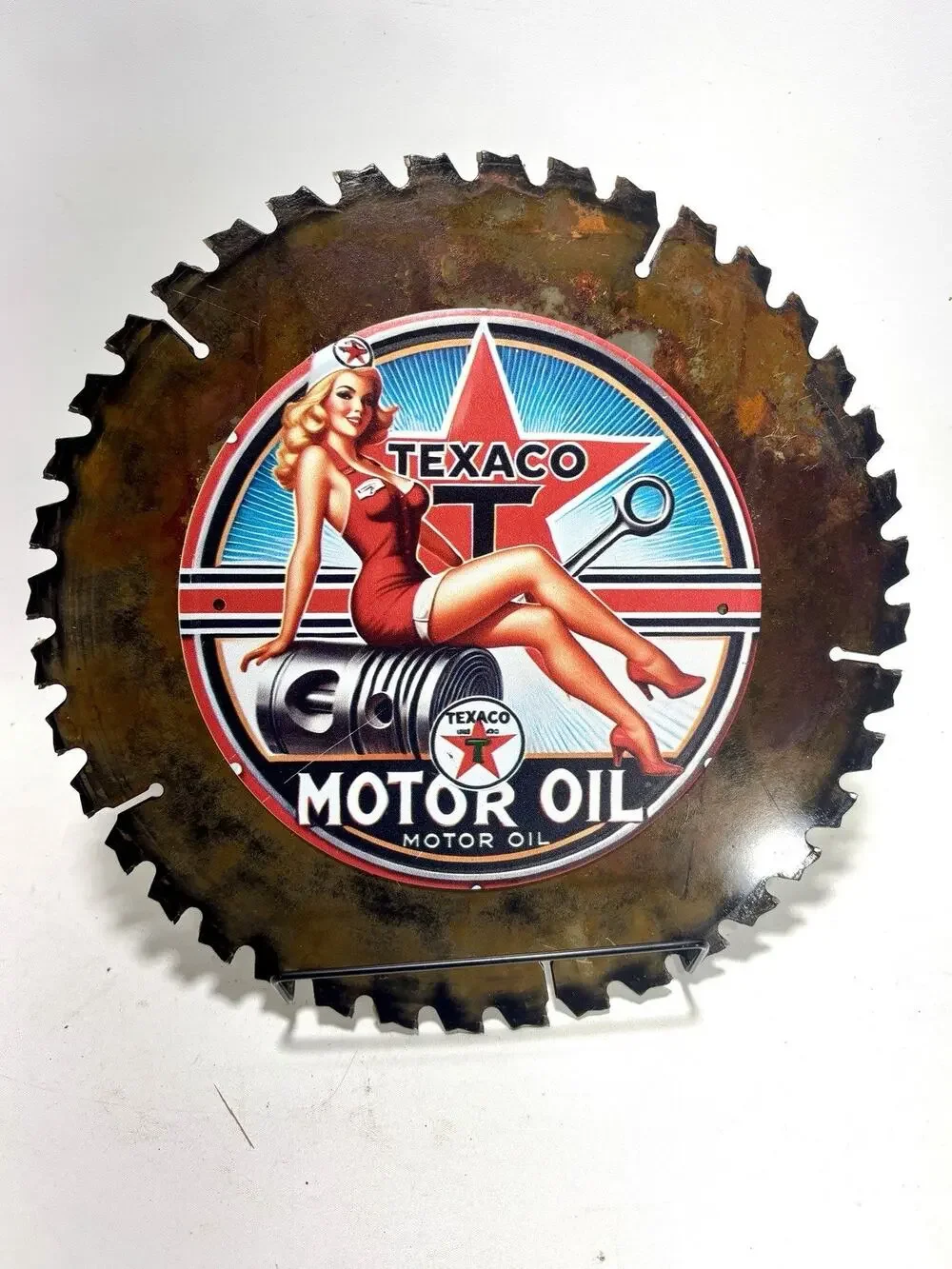 Texaco Saw Blade Wall Art Handcrafted Timber & Tarnish One Of A Kind Gas Decor